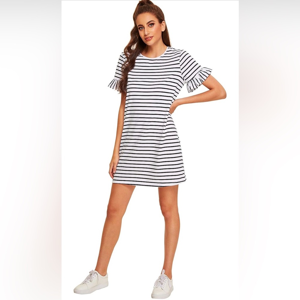 Summer Casual Ruffle Short Sleeve Tunic Striped T-Shirt Dress